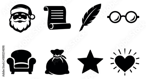 Minimalist Christmas icon set featuring Santa's face, writing tools, gifts, and festive symbols for holiday communication