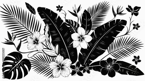 Tropical Leaves and Flowers Botanical Illustration Black and White.
