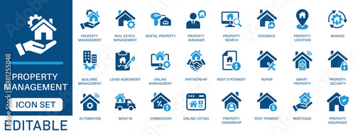 Property Management Icon Set. Featuring real estate, rental property, lease agreement, maintenance, rent payment, mortgage, security, online listing, building management and more icons.