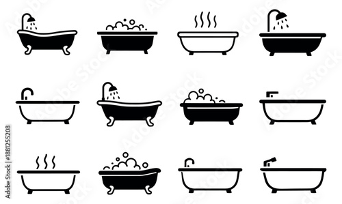 Modern solid icon bathtub set featuring designs with showers, bubbles, and steam for bathroom hygiene and relaxation