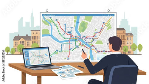 Urban Mobility Planning Team Analyzing Sustainable Transport Network Map for European Smart City Development – Flat Vector Illustration