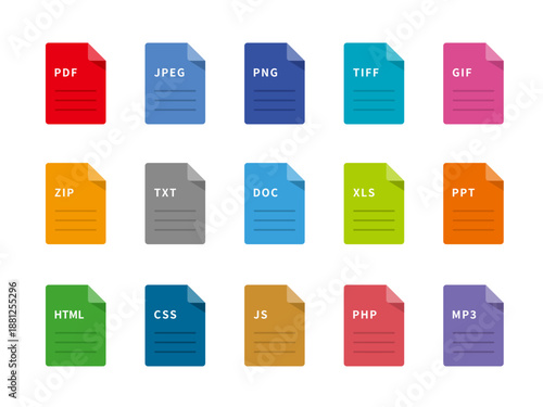Professional Flat Design Document File Type Icon Set for Web and Office Software - Vector Illustration