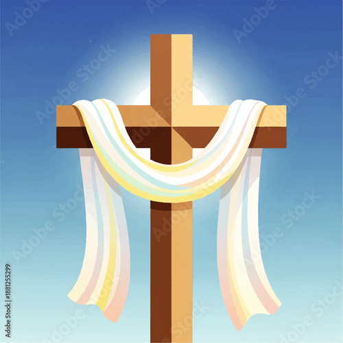 Vector flat design illustration of a wooden cross with pastel-colored drapes against a radiant blue gradient background.