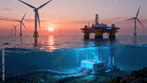 Offshore wind farm with subsea power station at sunset, showcasing renewable energy infrastructure, underwater power cables, and oceanic engineering for sustainable electricity generation.