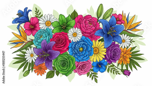 Vibrant bouquet of assorted colorful flowers and green leaves.