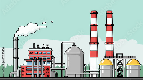Flat vector illustration of an industrial factory with smokestacks and silos, representing industry and manufacturing