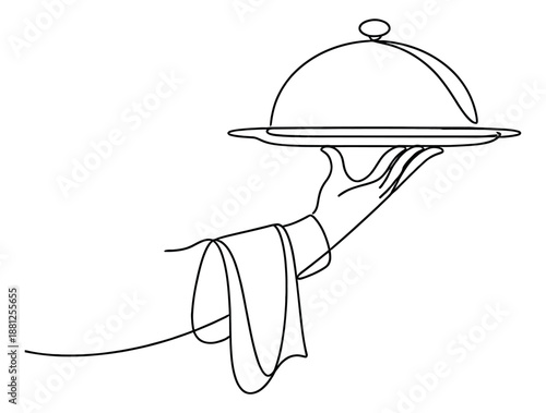 Continuous line art illustration of a hand holding a serving cloche depicting premium service for dining