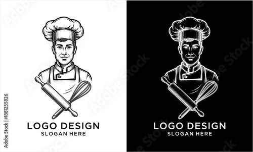 Chef with Rolling Pin and Whisk Logo Design for Culinary Business.