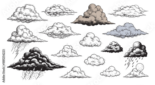a set collection of clouds cloud hand drawn pen brush illustration