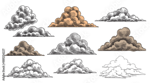 Set of clouds in hand drawn vintage retro style isolated on white background. Cartoon design elements. Vector illustration.