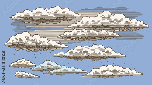 Cloud sketch. Vintage hand draw sky isolated element, retro line art or sketchy nature rain, wind. Outdoor ink cloudy storm, engraving pencil drawing, minimal graphic. Vector doodle set