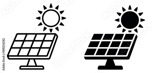 Line art and solid icon set featuring solar panels and sun for renewable energy