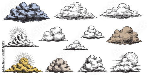 Cloud sketch. Vintage hand draw sky isolated element, retro line art or sketchy nature rain, wind. Outdoor ink cloudy storm, engraving pencil drawing, minimal graphic. Vector doodle set