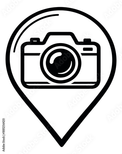 Line art illustration of a camera icon inside a map pointer depicting a photography location for travel and mapping applications