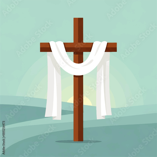 A Vector Flat Design Ilustration of a brown cross with white cloth draped over it, set against a serene landscape with a rising sun and gentle hills.
