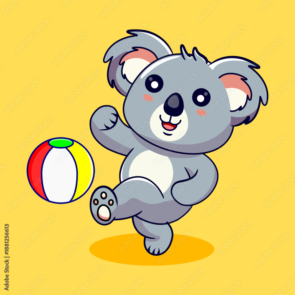 Fototapeta premium Playful Koala Kicking a Beach Ball Vector Illustration Cartoon Design