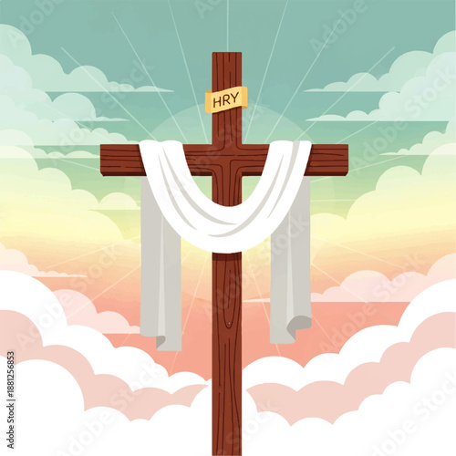 Vector flat design illustration of a brown cross with a white cloth draped over it and a gold band with 'HRY' on a serene cloudy sky background with sun rays.