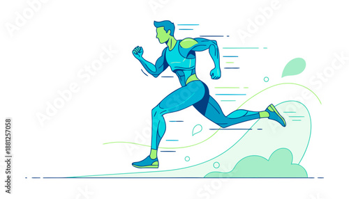 A dynamic illustration of a muscular man running with speed and energy, depicted in blue and green tones.