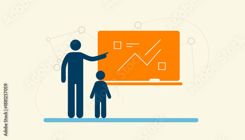 Stylized illustration of an adult teaching a child in front of a whiteboard with data graphics.