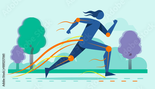 Stylized illustration of a person running outdoors with highlighted joints and motion lines, depicting movement and joint health.