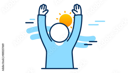 Stylized person with arms raised towards a bright sun, depicting joy, freedom, and a fresh start.