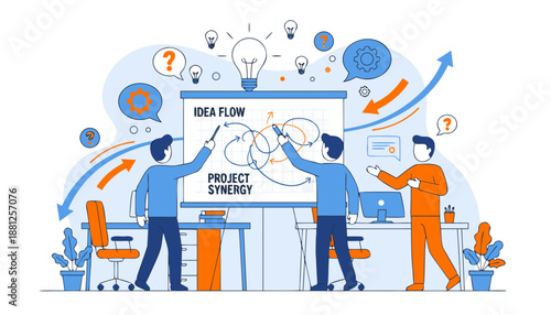 Business team collaborating on a project, brainstorming ideas and achieving synergy in an office environment with charts and lightbulbs.
