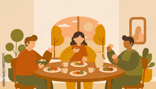 Three diverse friends or family members enjoying a meal together at a dining table with a warm, autumnal background.