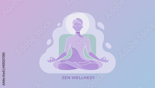 A stylized illustration of a person meditating in a lotus position, embodying zen wellness and inner peace with a glowing aura.