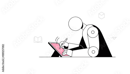 A minimalist robot figure drawing on a digital tablet with a stylus, illustrating creativity and technology.