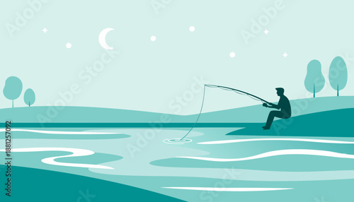 A person fishing by a calm lake under a starry night sky with a crescent moon, rendered in a serene monochromatic style.