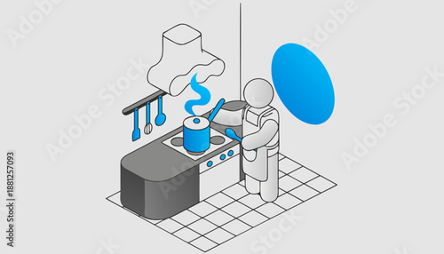 Isometric Kitchen Cooking Illustration: Chef Preparing Food