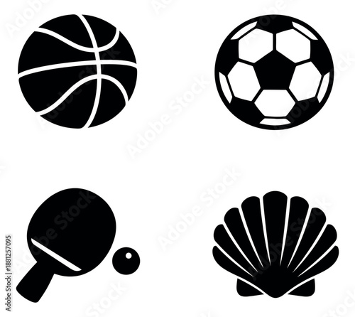 Modern icon set featuring a basketball, soccer ball, table tennis paddle with a ball, and a seashell for sports and summer designs