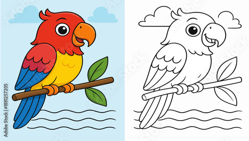 Colorful Parrot on Branch – Full Color and Outline Version
