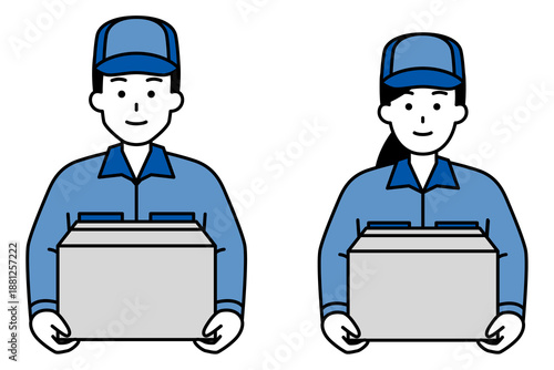 段ボール箱を持つつなぎ作業服の男女　セット