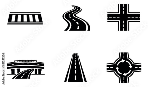 Simple graphic road icon set featuring common road types and intersections for navigation and transport design