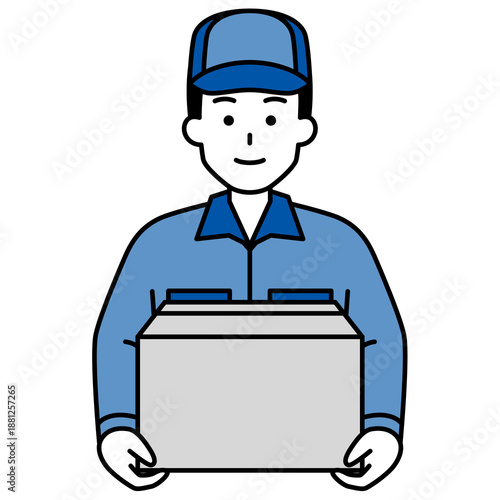 段ボール箱を持つつなぎ作業服の男性