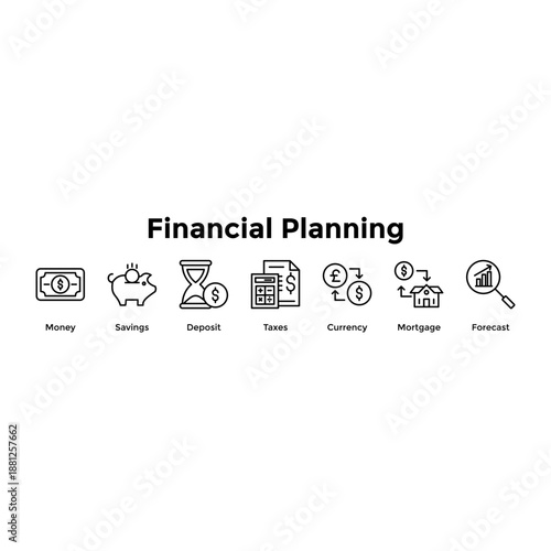 Financial Planning Banner Web Icon Vector Illustration Concept For Money, Savings, Deposit, Taxes, Currency, Mortgage, Forecast