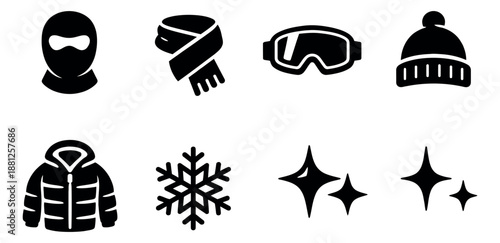 Simple icon winter essentials set featuring a balaclava, scarf, ski goggles, beanie, winter jacket, snowflake, and sparkles for cold weather and snow activities
