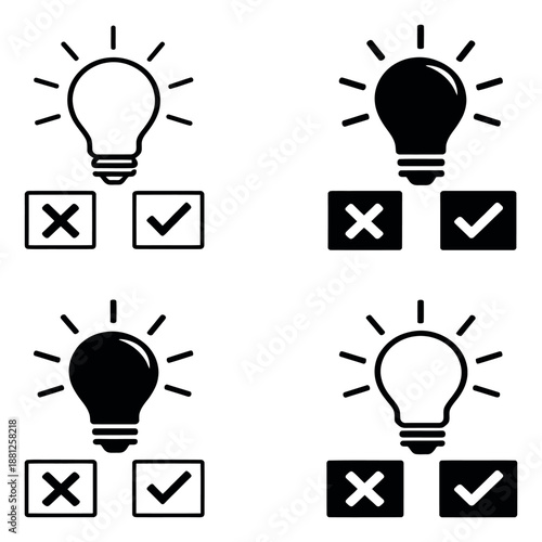 Modern icon set featuring glowing light bulbs and check and cross marks for ideas and decision making
