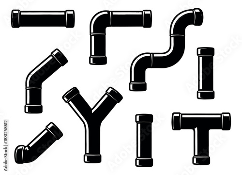 Line art plumbing pipes set featuring various segments and fittings for industrial design and construction
