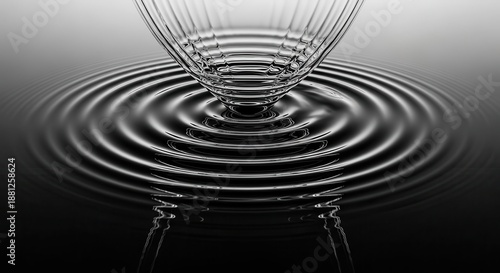 Concentric waves emanate outward from a ribbed, transparent object impacting a dark, reflective surface.