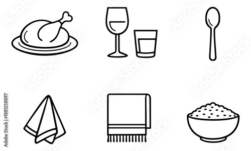 Line art dining icons set featuring roasted chicken, wine glass, water glass, spoon, napkins and a bowl of rice for kitchen and restaurant concepts