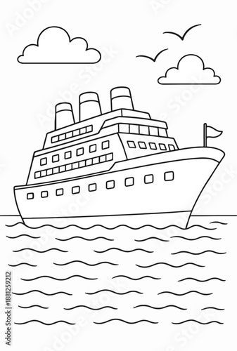 Cruise Ship on the Ocean – Outline Drawing for Coloring