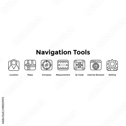 Navigation Tools Banner Web Icon Vector Illustration Concept For Location, Maps, Compass, Measurement, Qr Code, Internet Browser, Setting