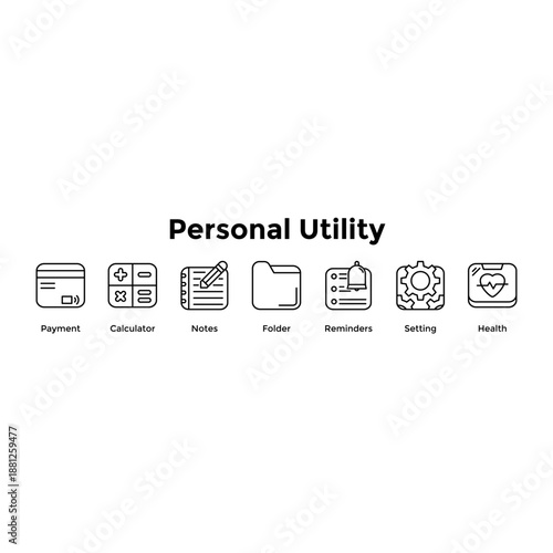 Personal Utility Banner Web Icon Vector Illustration Concept For Payment, Calculator, Notes, Folder, Reminders, Setting, Health