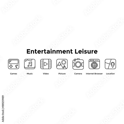 Entertainment Leisure Banner Web Icon Vector Illustration Concept For Games, Music, Video, Picture, Camera, Internet Browser, Location