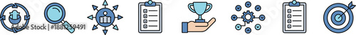 Business process management icons set with search analysis checklist achievement teamwork optimization planning strategy target goals flat vector illustration modern blue line style design
