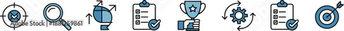 Business strategy icon set featuring target search analysis growth checklist achievement trophy workflow optimization checklist success goal marketing planning performance management process