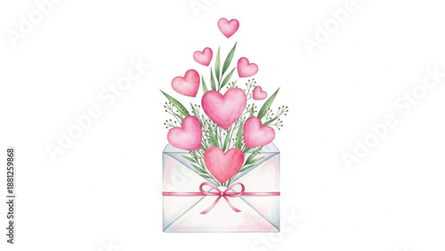 Watercolor Valentine Heart Bouquet in Envelope Romantic Love Illustration for Wall Art