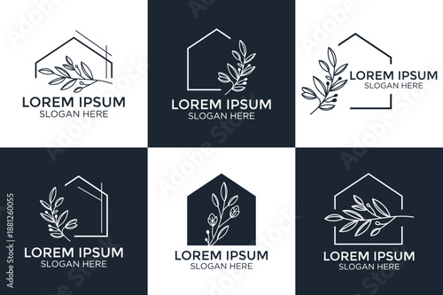 Real Estate Floral Logo Set with Modern House Outline and Elegant Branch Leaf Elements for Eco Friendly Branding Identity